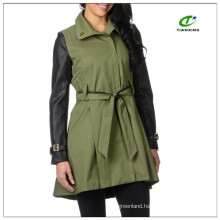 Army color ladies slim leisure jacket with PU leather sleeve